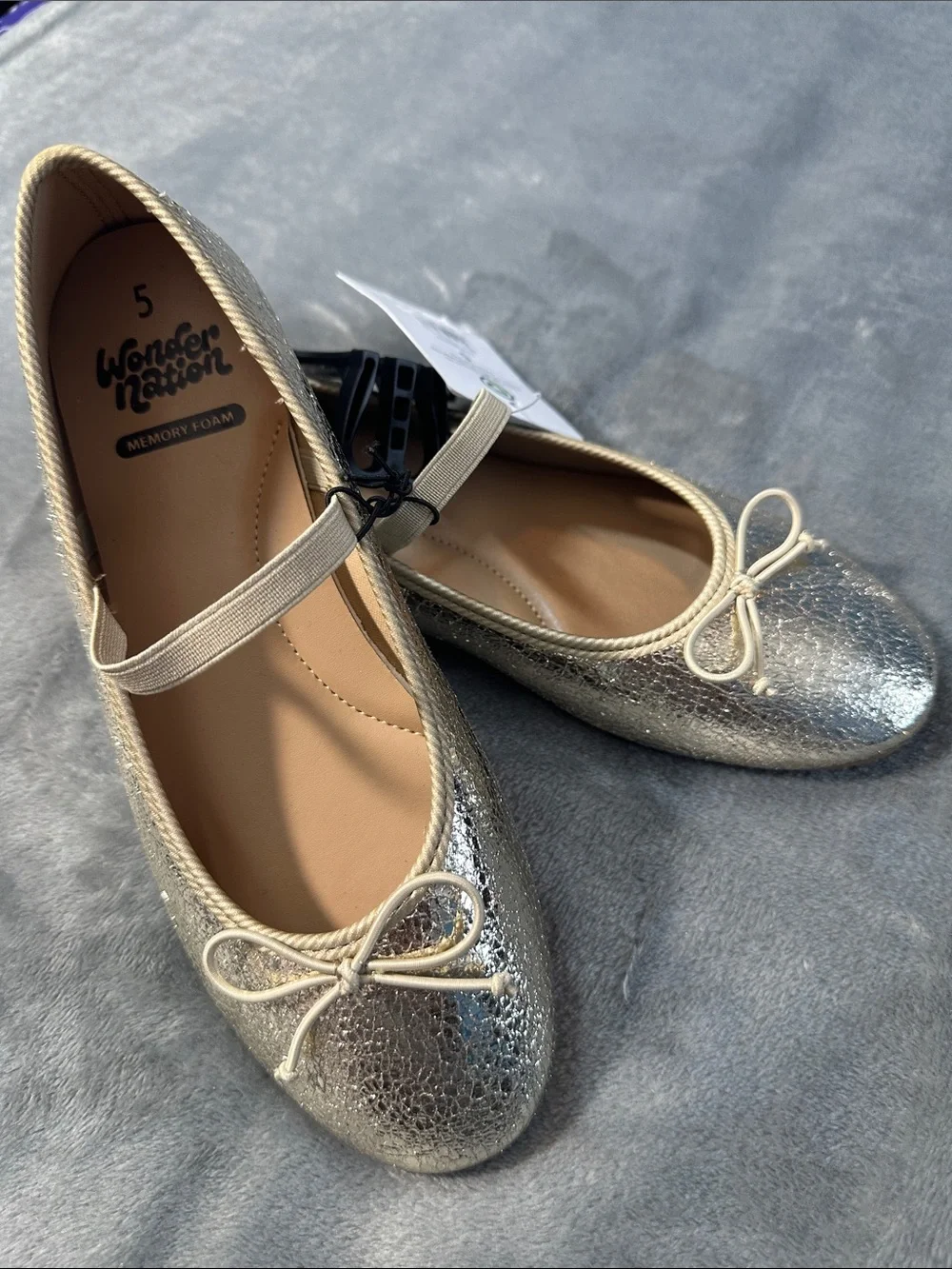 NWTS wonder nation Metallic Silver Mary Jane Ballet Flats with Bow Sz 5 girls